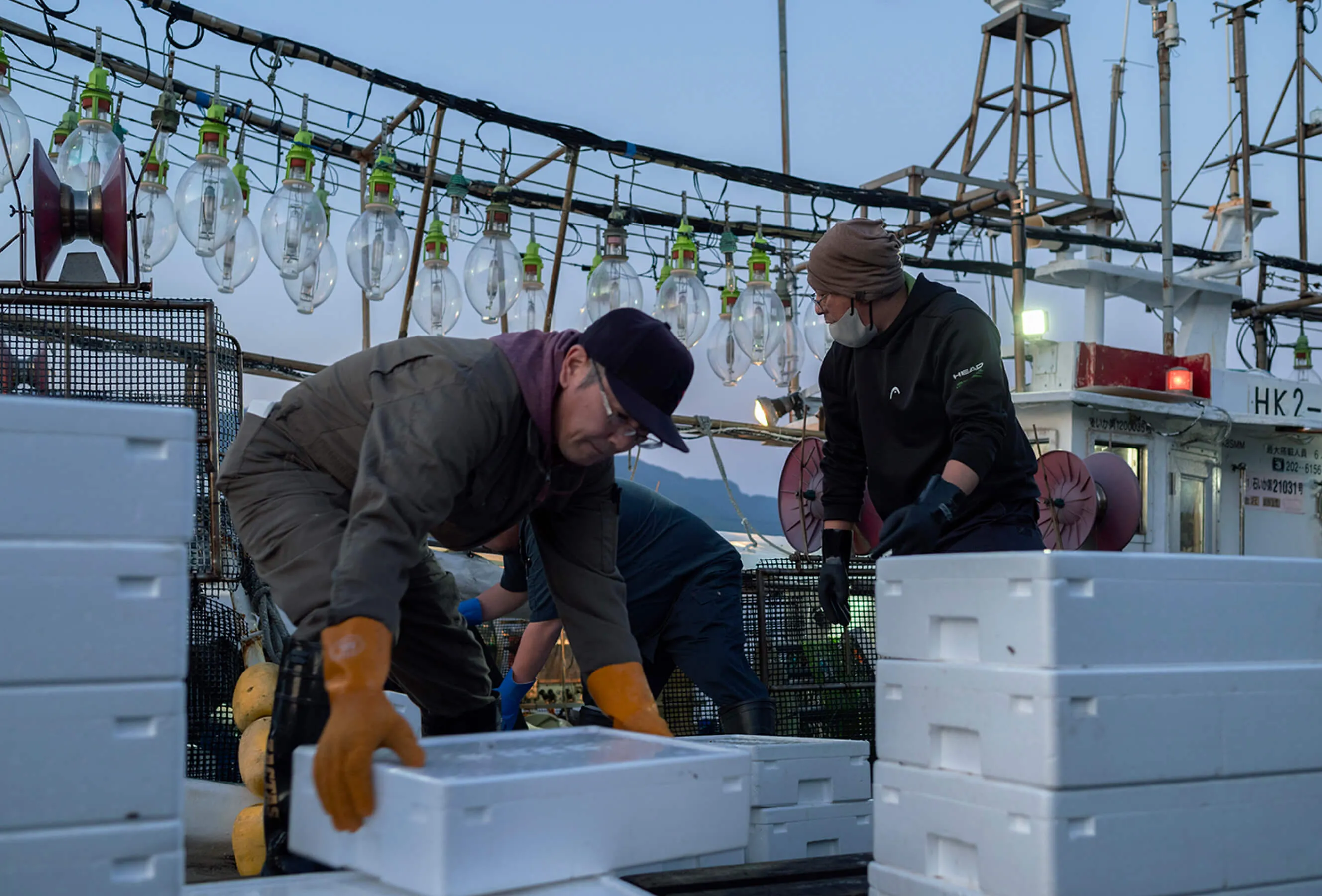 漁船の上で、漁で得た魚介類を紫衣開けしている様子